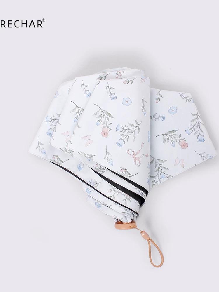 Export Ultra-Light Fiber Purple Floral Small Floral Umbrella, Three-Fold Folding, Black Coating, Sun Protection, Uv Protection, Windproof Umbrella