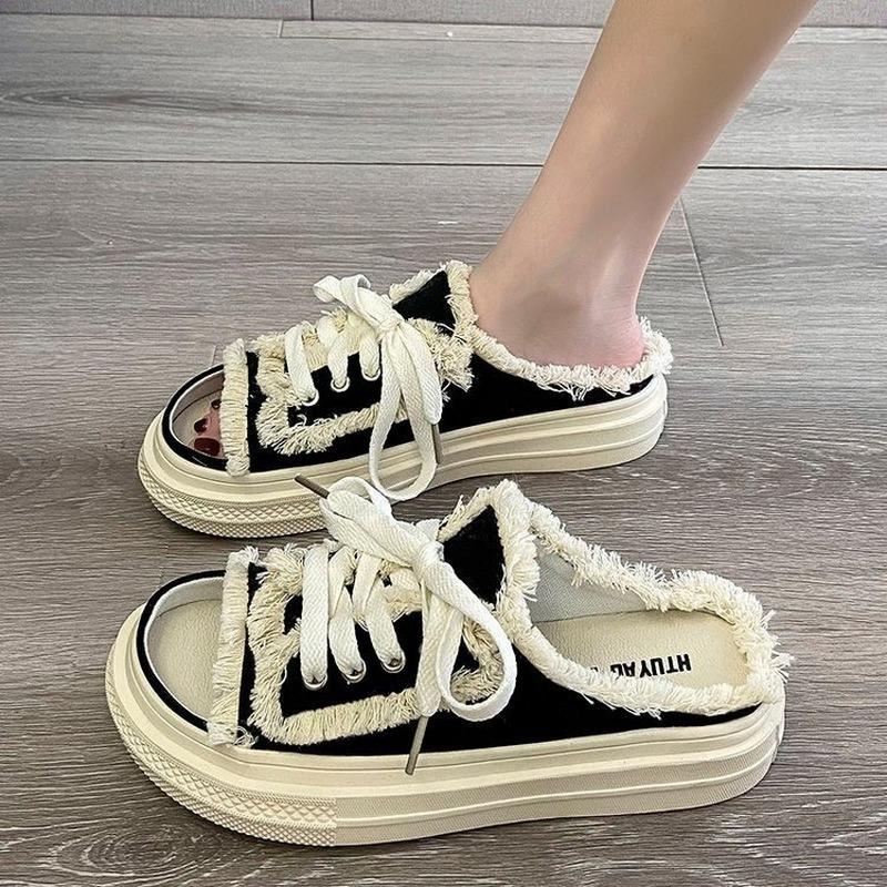 Мода 2024 Весна Осень для женщин Новые летние пляжные полупрозрачные верхние сандалии из парусины Модные женские тапочки с рыбьим ртом Дышащие