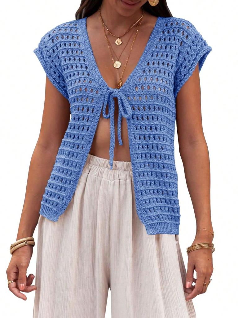 Women's Tie Front Crochet Shrug Short Sleeve Open Front Cropped Knit Cardigan