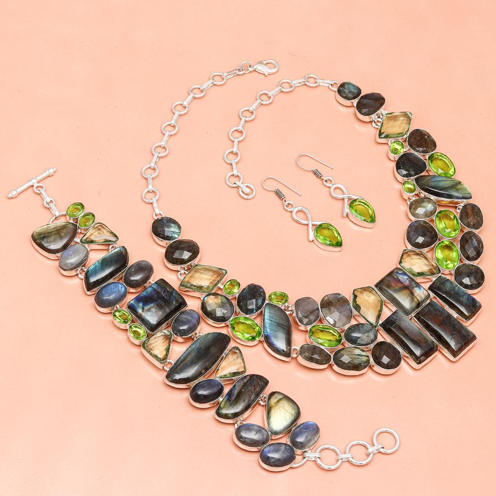 Комплект украшений из лабродорита и кварца, 16-18 дюймов