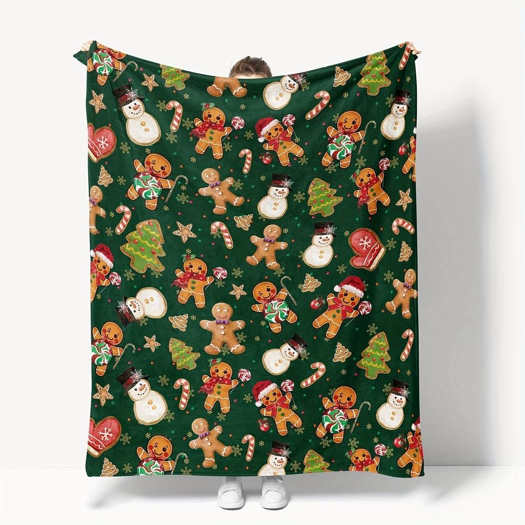 Dark Green Gingerbread Man Xmas Print Throw Blanket for Sofa Bedroom Office Birthday Anniversary Classic Winter Comfort Gesture
