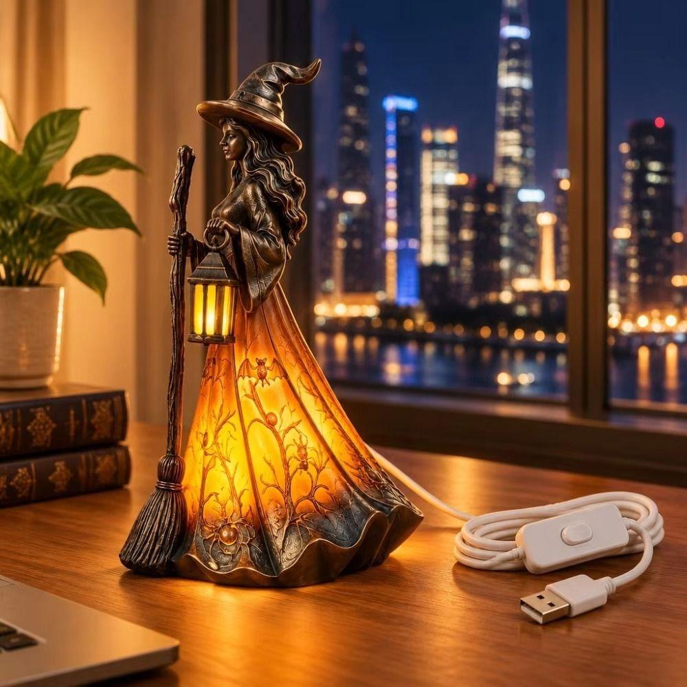 Scary Halloween Witch Lamp 18cm Holiday Decorative Lamp Broomstick Witch Statues Halloween Party