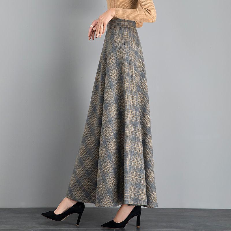 New Woolen Plaid Skirt for Women Mid-length Autumn and Winter Slimming High-waisted A-line Skirt Casual Long Skirt
