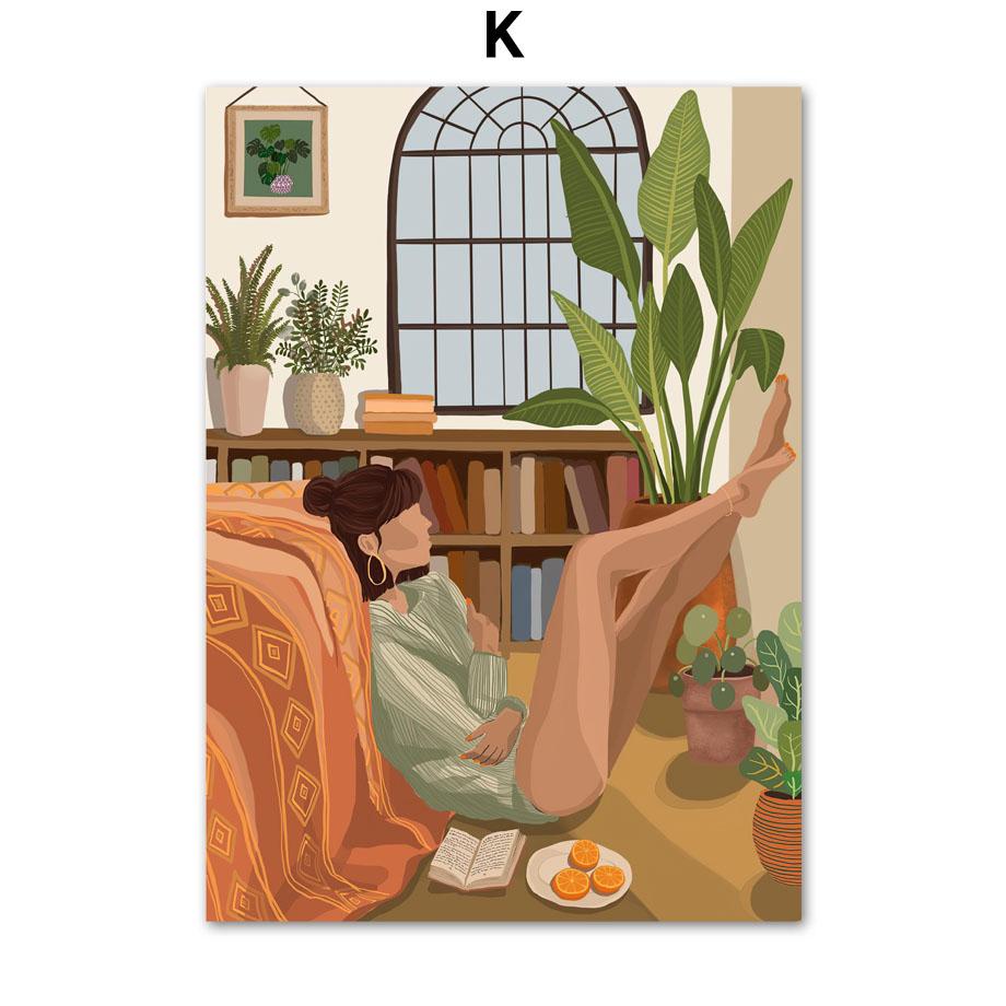 Абстрактная модная девушка, читающая йогу, отдых, пальмовый лист, скандинавский плакат, настенный художественный принт, холст, картина, Декор, фотографии для гостиной