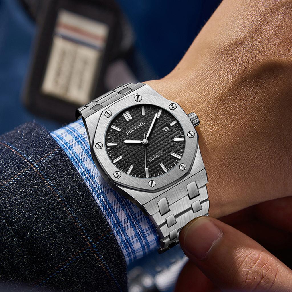 PINTIME Мужские часы класса люкс, автоматические часы с датой, водонепроницаемые, светящиеся, мужские наручные часы, кварцевые, из нержавеющей стали, спортивные часы