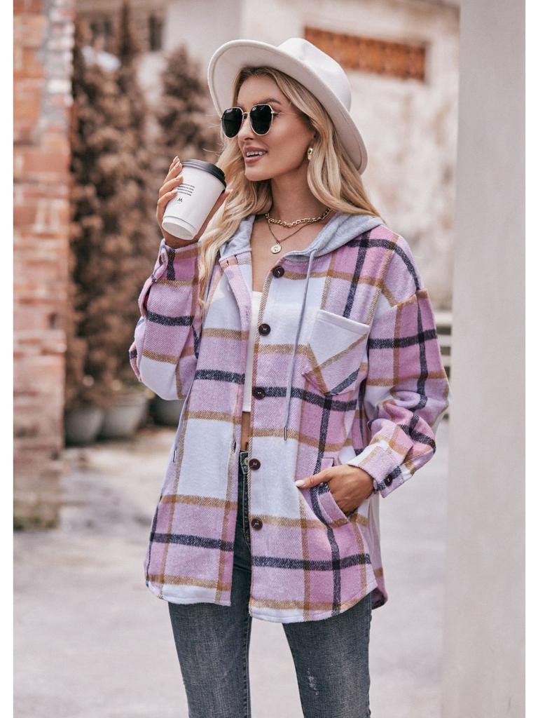 2024 New Autumn and Winter Fashion Simple Casual Hooded Plaid Shirt Loose and Comfortable Commuting Medium Length Women's Coat