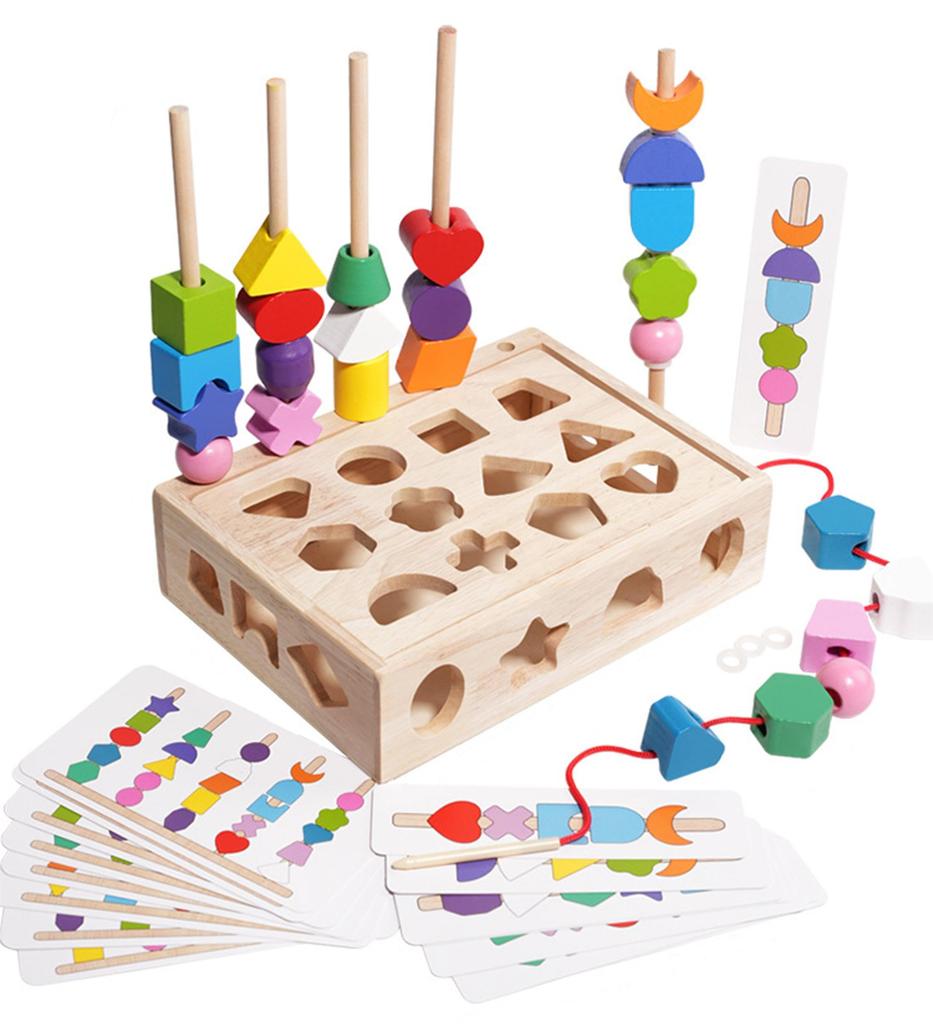 Shinse Montessori Educational Threading Stick Matching for Toddlers Ages and Dexterity Shape and Color Early Colorful Wooden Toy for Boys and