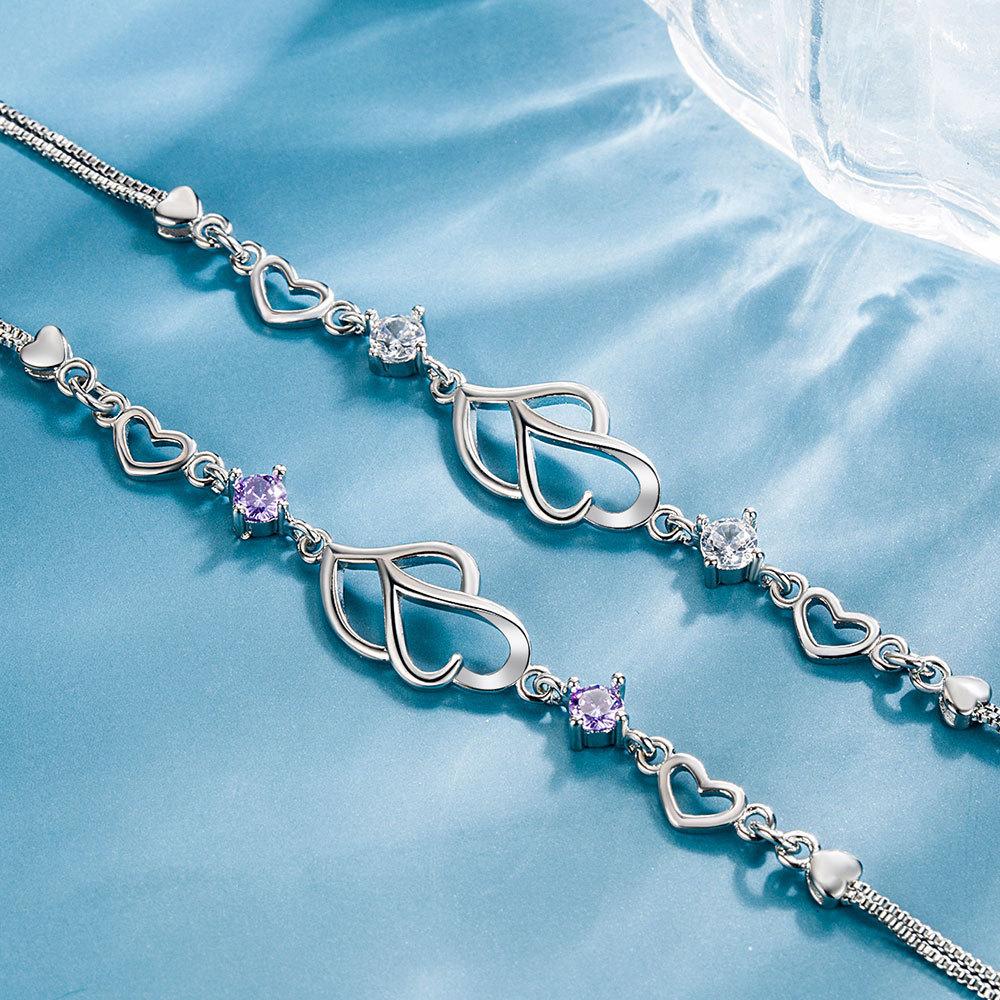 High End Double Heart Double Diamond Heart Connected Heart Printed Bracelet for Women's Korean Version Fashionable and Trendy Silver Plated Bracelet