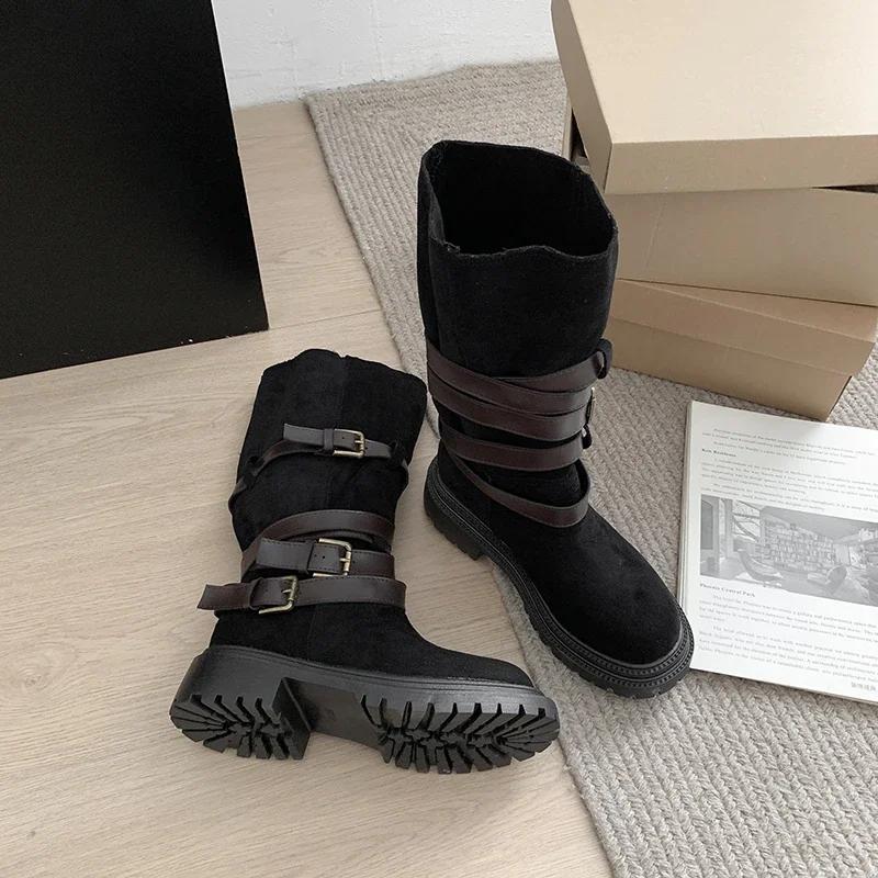 Женские сапоги на платформе до колена, замшевые туфли на плоской подошве, зимняя брендовая дизайнерская обувь 2025 года, новые повседневные модные ботинки «Челси» для снега