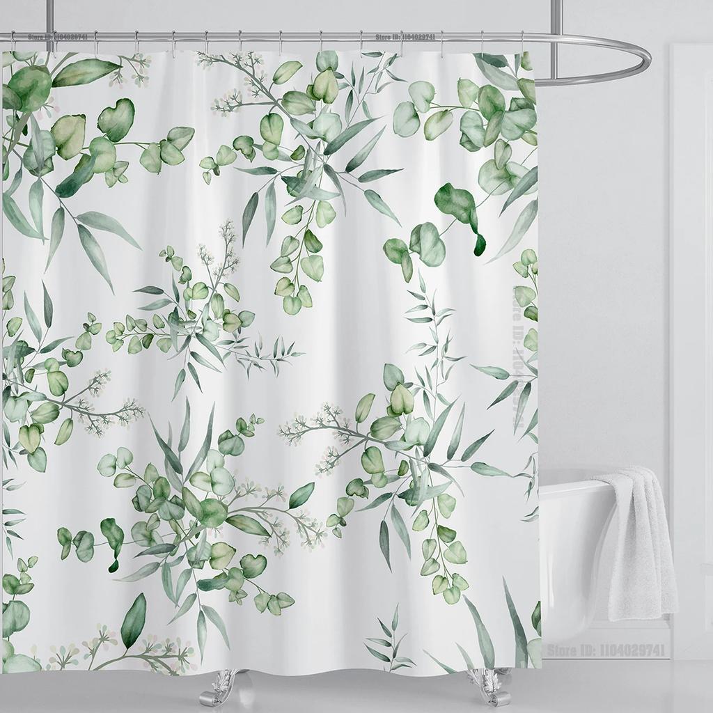 Watercolor Leaves On The Top Plant With Floral Bathroom Greenery Leaf Decoration Watercolor Botanical Shower Curtain With Hooks
