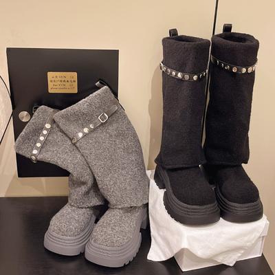 Зимняя Мода Платформа Женские Сапоги до Колена Панк Стиль Обувь Слипоны Увеличение Роста Труба Длинные Рыцарские Ботильоны