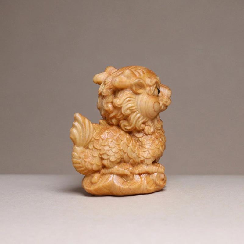 Natural Cypress Kirin Mascot Mini Statues Chinese Mythical Beasts Cute Home, Room, Office, Flower Pot Decoration Accessories