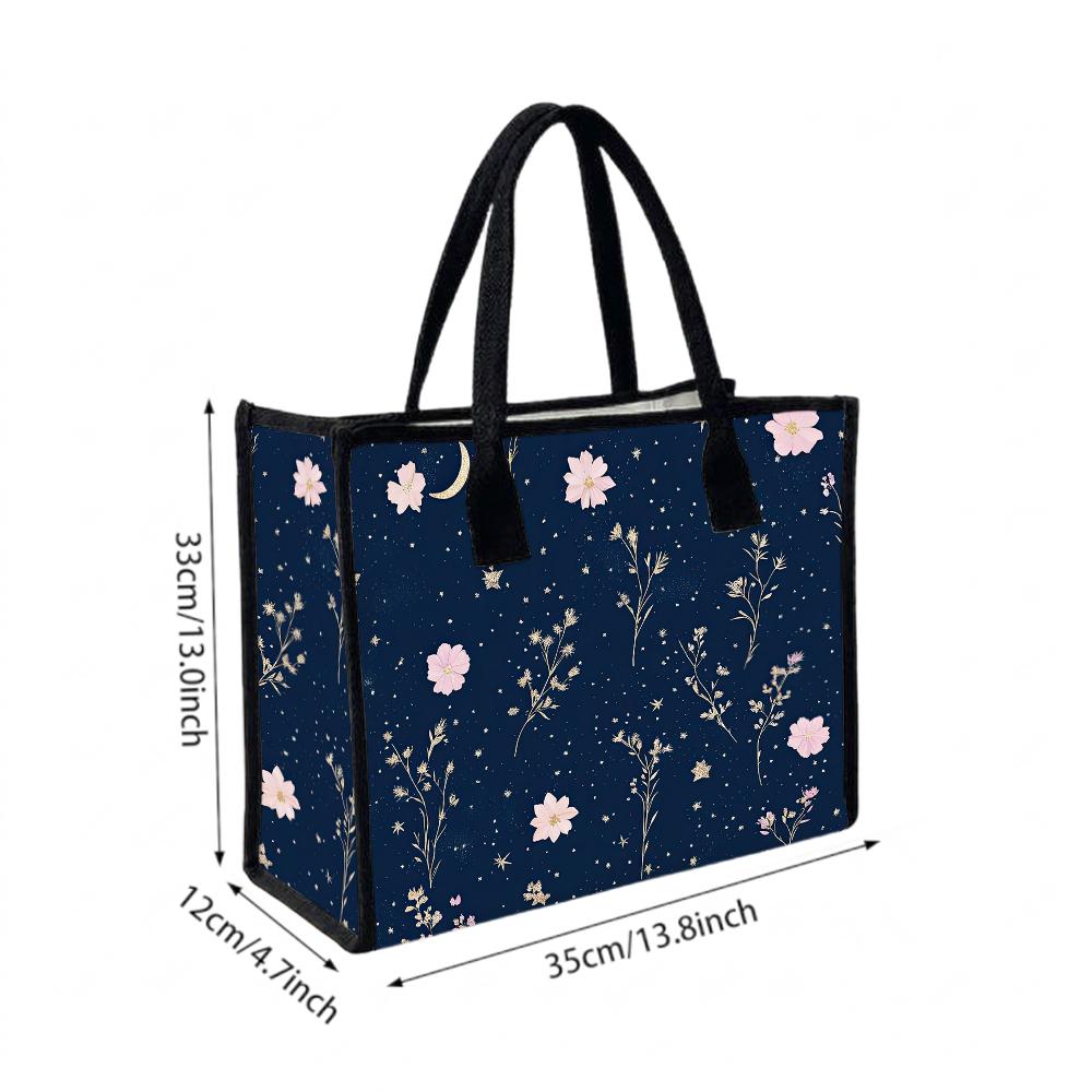 Elegant Floral Moon Print Casual Tote Bag Fashion Large Capacity Daily Carry Shoulder Handbag for Women Outdoor Shopping Travel Commute