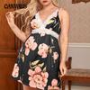 Летняя ночная рубашка большого размера, женская домашняя одежда, ночная рубашка, кружевное платье с v-образным вырезом и бретелькой на шее, домашние платья с принтом