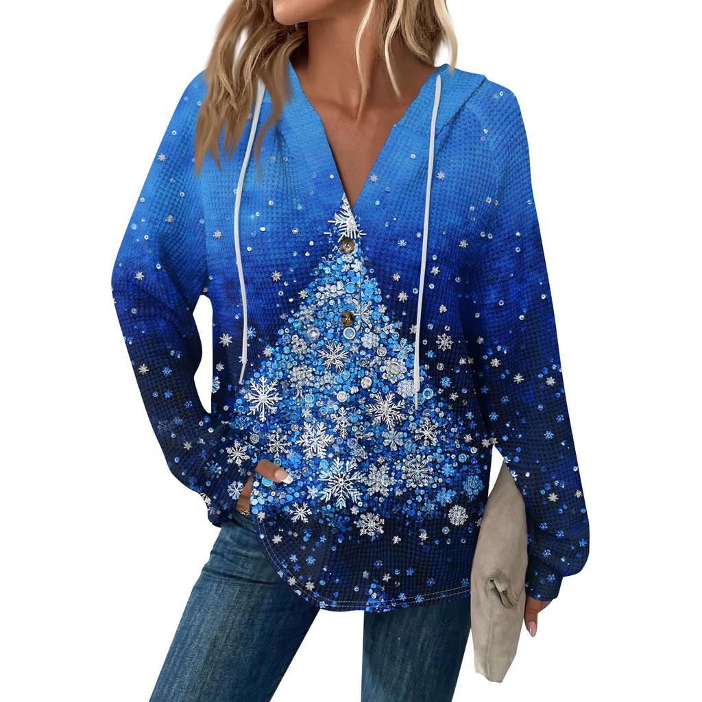 Женская мода с длинным рукавом, завязками на шнурке, капюшоном, пуговицами, V-образным вырезом, повседневная толстовка с капюшоном и рождественским принтом