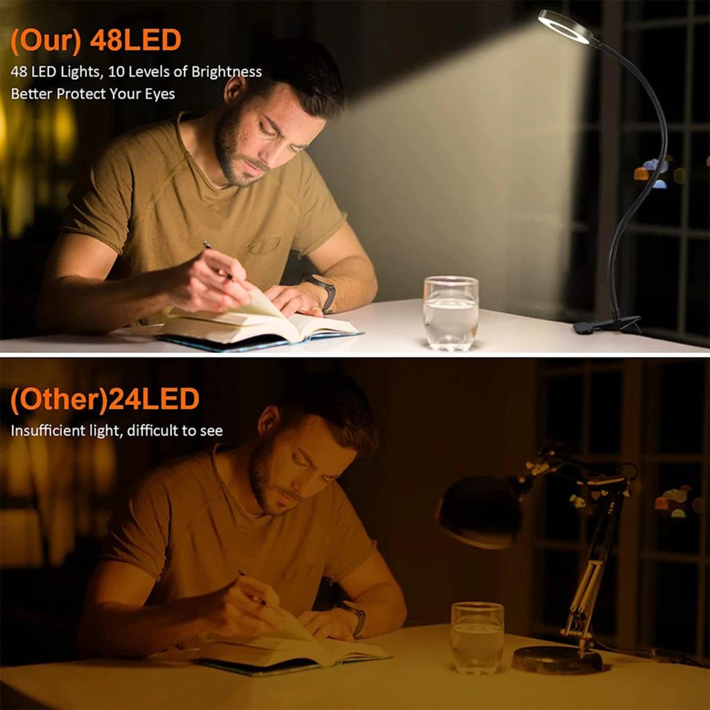 New 48 LEDs Clip On Desk Lamp °Flexible Gooseneck Reading Table Light Eye-Caring USB Clamp Books Night Light Study Read Light