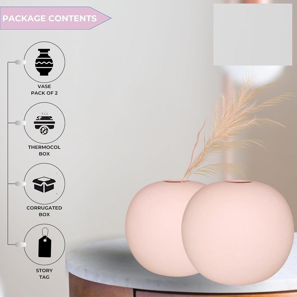 Новая керамическая «Розовая круглая ваза» 4 дюйма — набор из 2 шт. | Декоративная круглая ваза для сухоцветов и пампасной травы | Вазы для домашнего декора