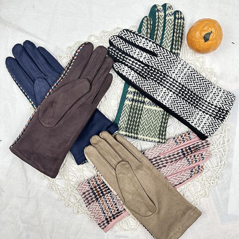 Перчатки из замши для японских девушек, клетчатые, флисовые, утолщенные, термоперчатки для студенток с разделением пальцев