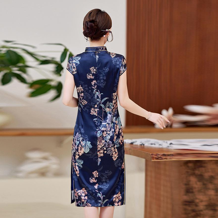 Улучшенная версия красивого шелкового платья ципао с чувством дизайна, летняя новинка, маленькая ретро-юбка из шелка-тутового шелкопряда с принтом