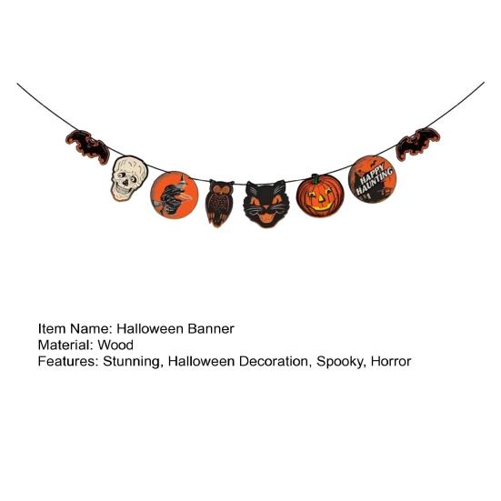 Vintage Halloween Garland Decorations Spooky Wooden Pumpkin Skull Owl Witch Bat Hanging Bunting Banner for Party Home Wall Decor