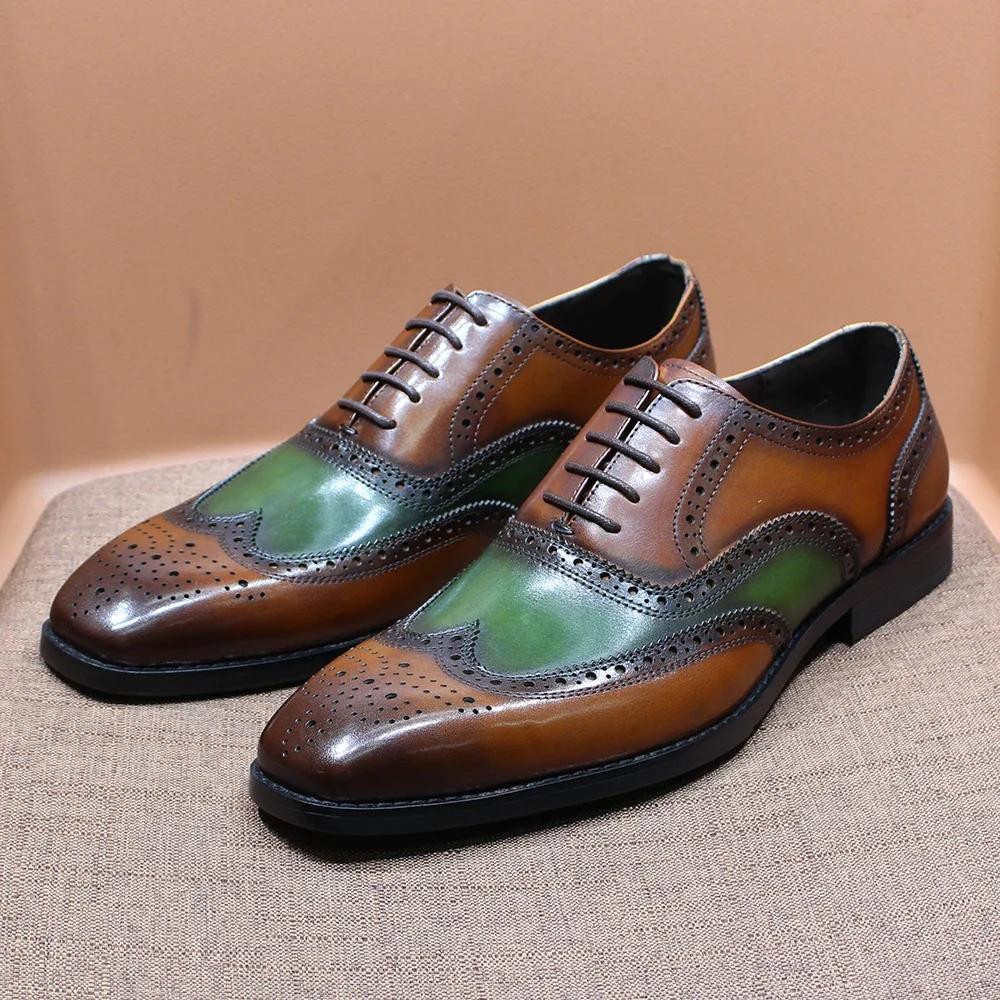 Fashion Luxury Mens Brogue Oxford Shoes Genuine Leather Lace Up Wedding Party Office Formal Shoes Handmade Wing Tip Mens Dress Shoes