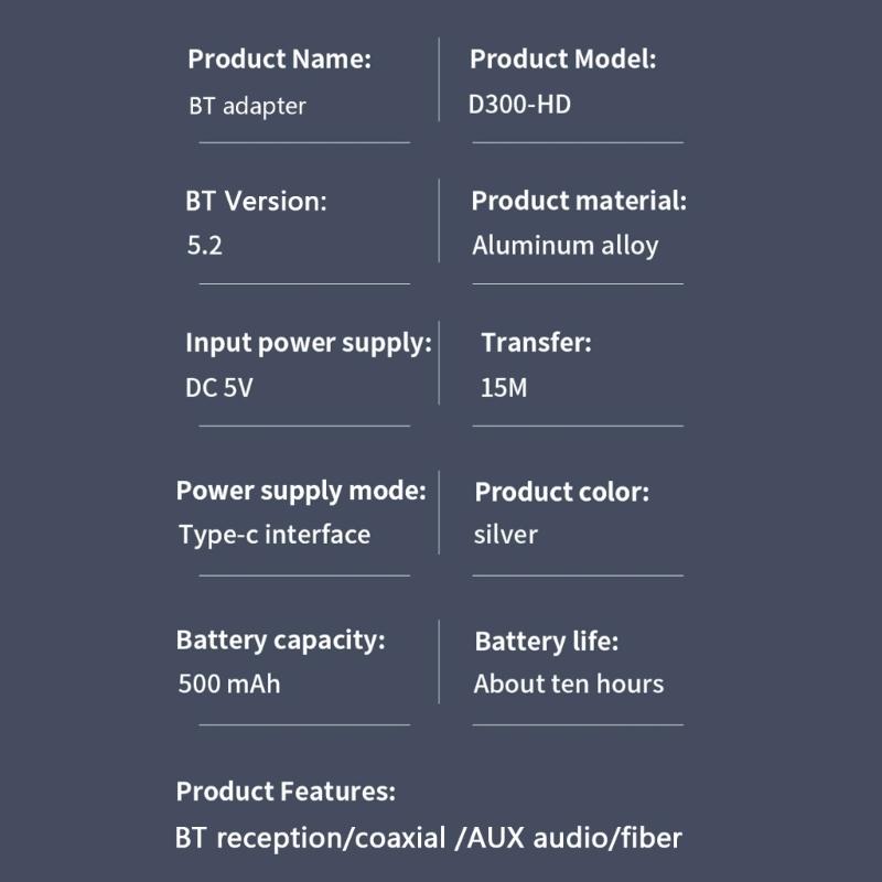 D300 Alloy Wireless Audio Adapter Bluetooth-compatible5.2 Audio Receiver Support Coaxial/Aux Audio /Optical Fiber Output