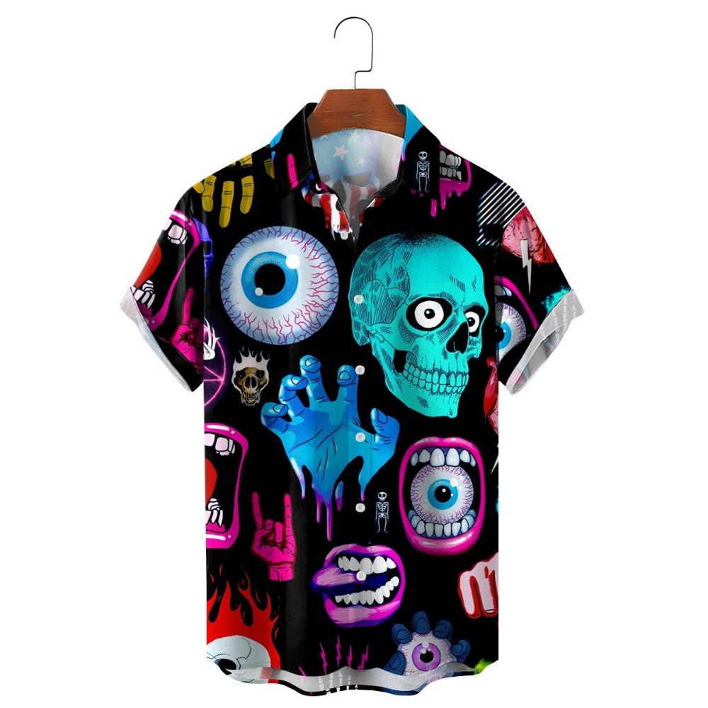Модные мужские рубашки с цветочным принтом в виде черепа, забавный 3D-принт черепа, уличная одежда, футболки с коротким рукавом, гавайские рубашки с принтом на лацканах для мужчин