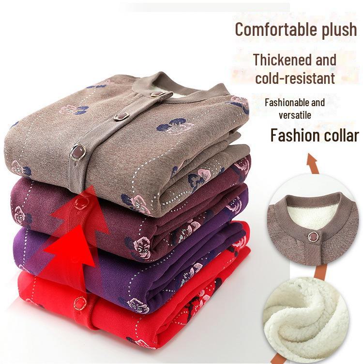 Вязаный кардиган «бабушка» осень/зима 2024 года для женщин среднего и пожилого возраста, а также теплый бархатный свитер-пальто.