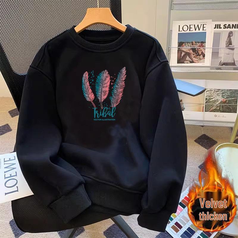 Women's Extra Large Round Neck Print Hoodie - Autumn/Winter 2025 Loose Fit Pullover
