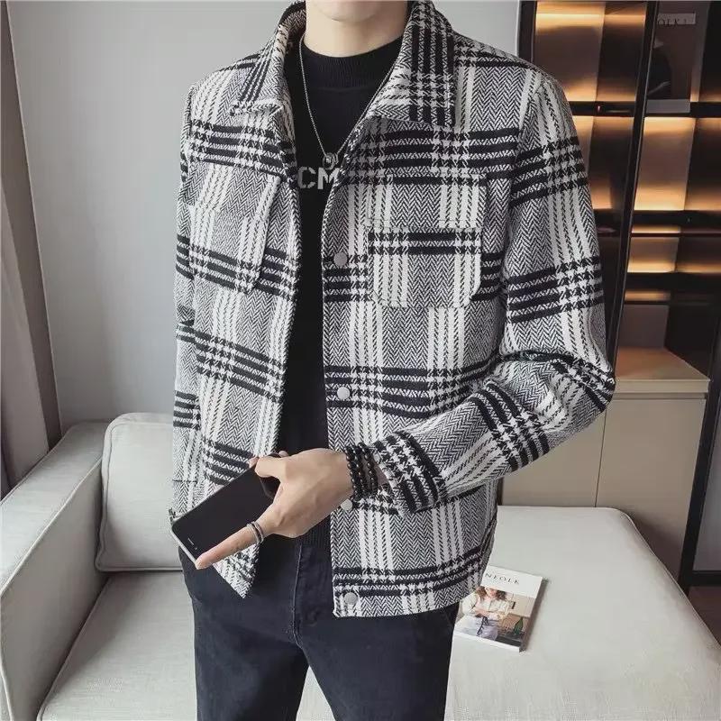 Men's Trendy Plaid Wool Jacket - Slim, Thick, Short Coat for Autumn and Winter