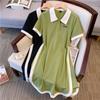 Plus Size Color Block Polo Collar Patchwork A-Line Dress (Summer, Mid-Length, Age-Reducing)