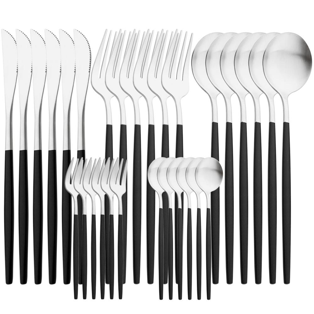 Черный, 30 шт., столовая посуда, матовый набор столовых приборов из нержавеющей стали, нож, вилка, кофейная ложка, столовые приборы, кухонное серебро, набор посуды для вечеринки
