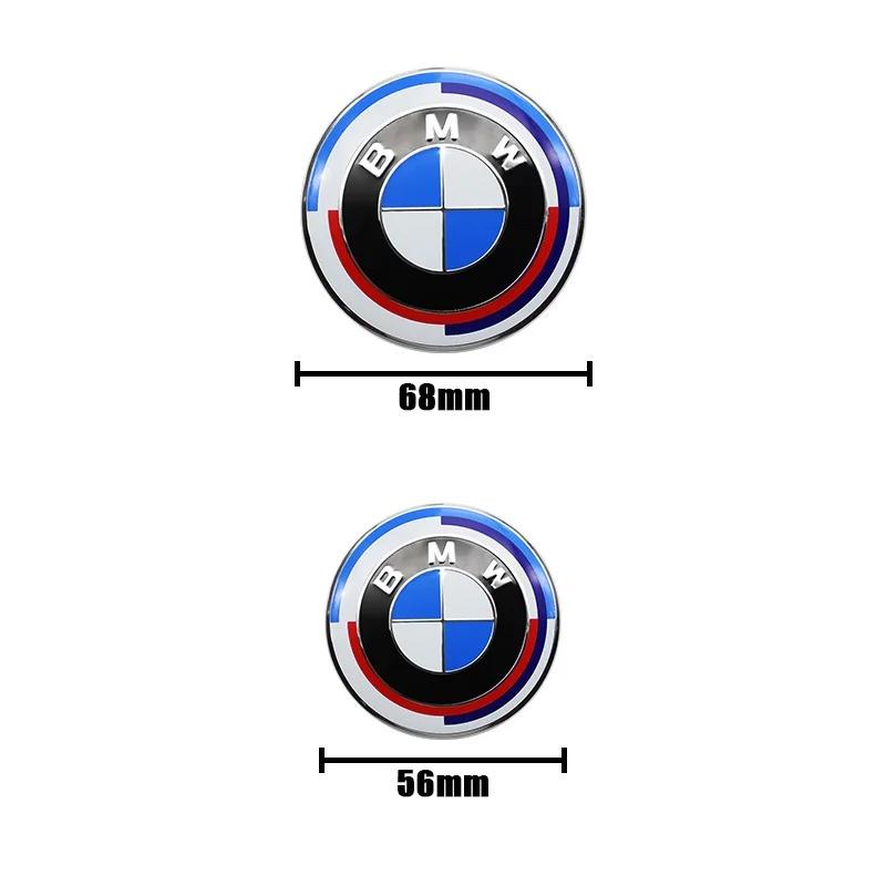 For B-BMW 50th Anniversary Logo 82mm+Rear Badge 74mm+Wheel HubCap 68mm+Steering Wheel Sticker 45mm New 7Pcs Front Hood Emblem XV1