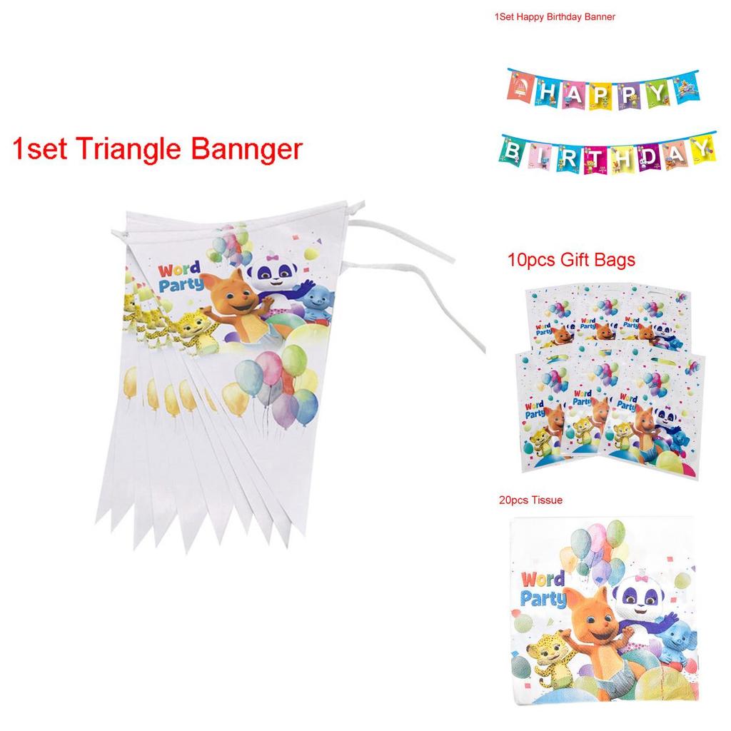Полный набор праздничных принадлежностей в стиле «Слово-праздник» для веселого празднования детского дня рождения, включая тарелки, стаканы и топперы для торта