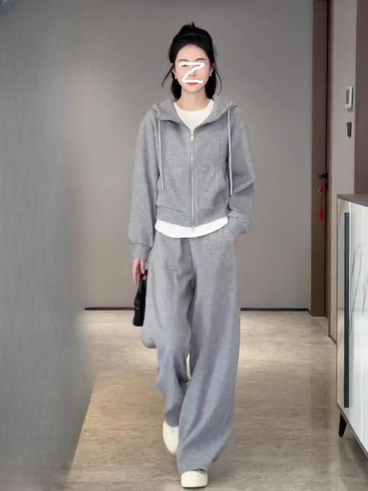 Женский спортивный костюм с флисовой подкладкой для инфлюенсеров: Худи и брюки широкого кроя для осени/зимы, для повседневной носки и бега.