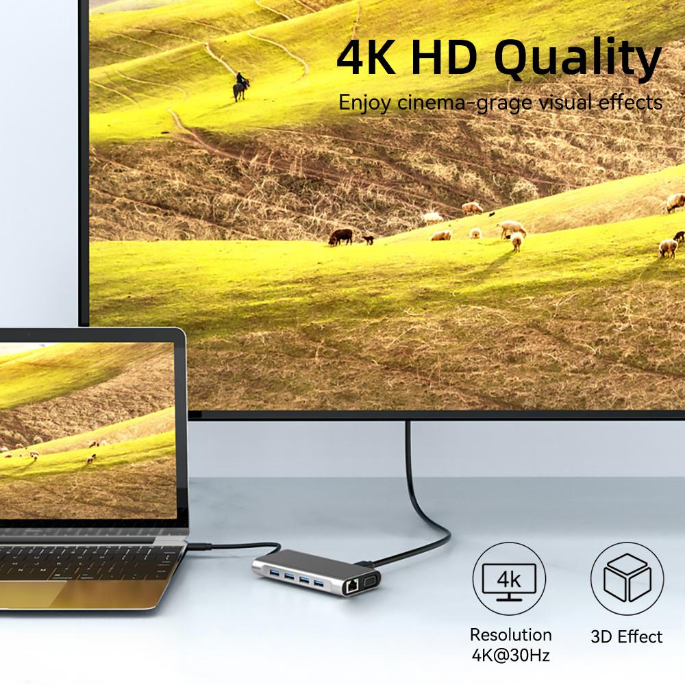Адаптер USB C HUB Type C 4K 30 Гц HDMI-совместимый VGA RJ45 Lan Ethernet SD/TF PD 87 Вт Док-станция для ноутбука для MacBook Pro Air Разветвитель USB 3.0