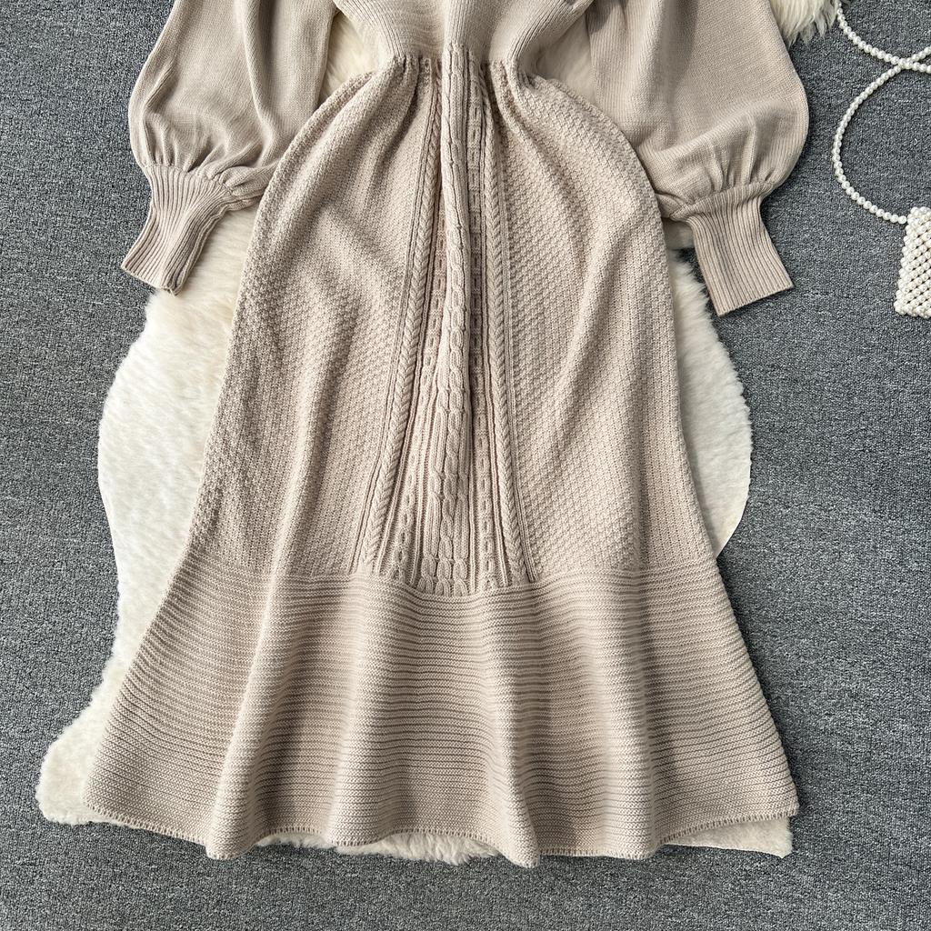 French New Loose Casual Knit Long Dress Women Solid Elastic Waist Lantern Sleeve O Neck Ladies Fashion Winter Sweater Dresses