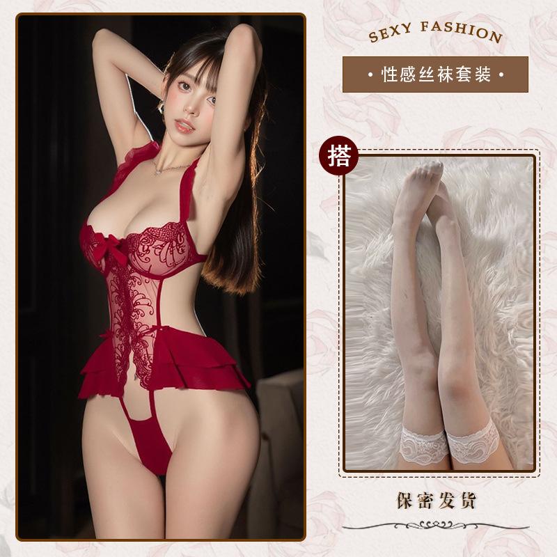Sexy underwear Sexy lace one-piece suspender pajamas Hollow open crotch Hot robe Small breasts gather uniform free
