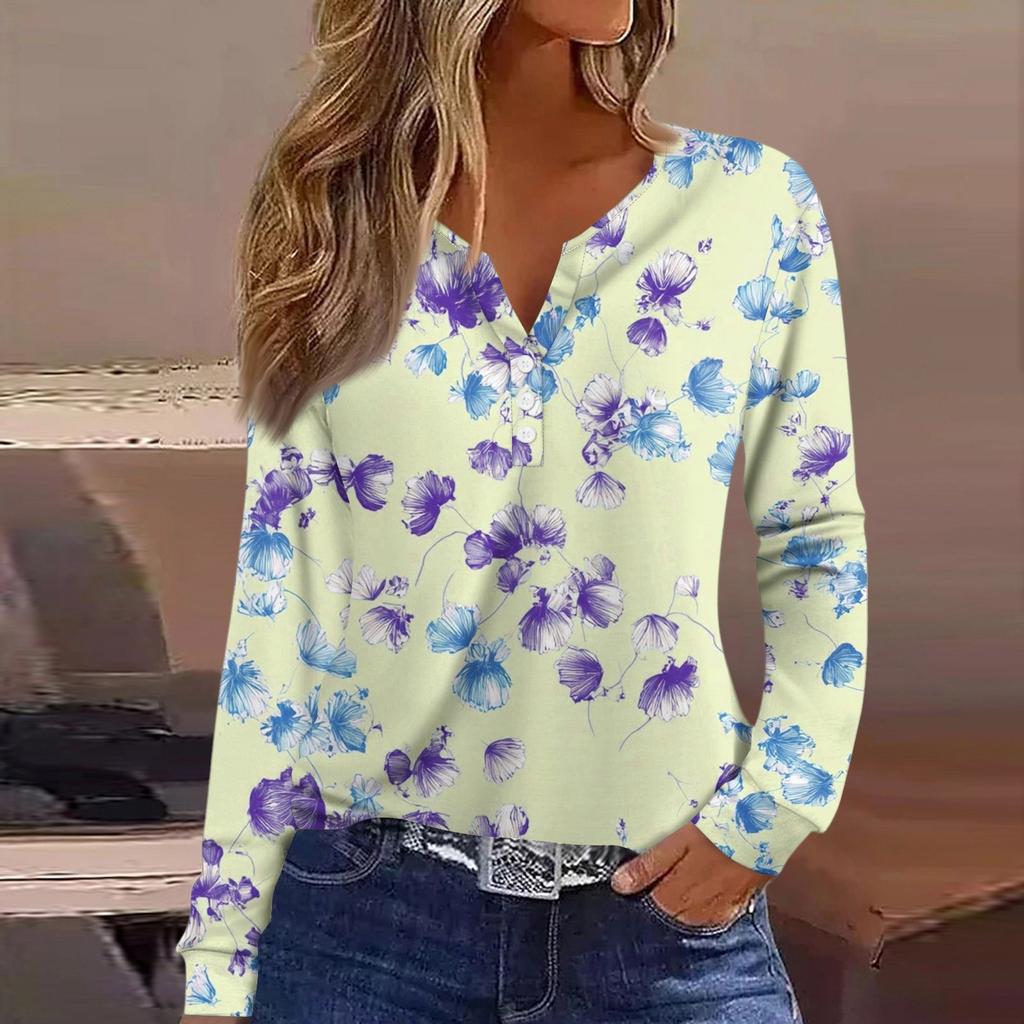 Women's T Shirt Tee Button Long Sleeve Daily Weekend Fashion Basic V- Neck Regular Top