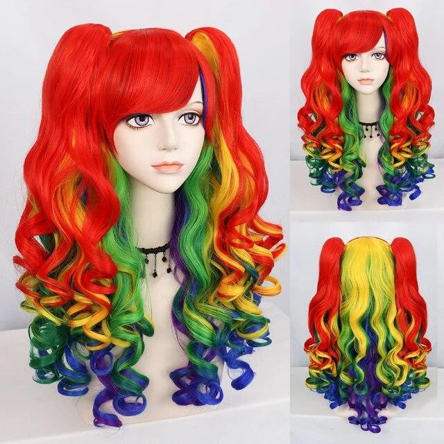 Парик для косплея Синтетический длинный цветной вьющийся парик для косплея Лолиты для девочек с двойными хвостиками и 1 шапочкой для парика
