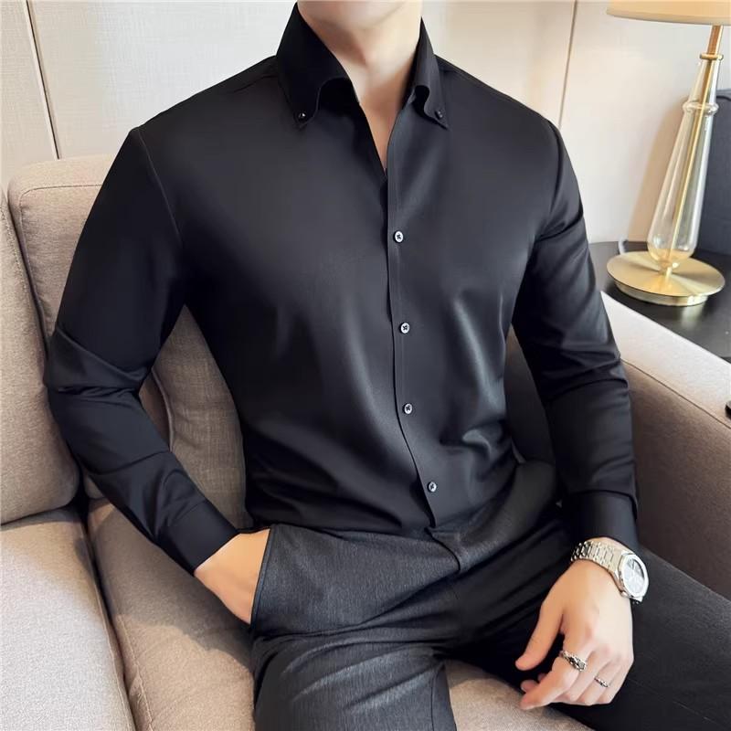 Men's Turn Down Collar Shirt Long Sleeved Autumn Solid Color Casual Slim Fit Shirt Korean Fashion Mens Clothing