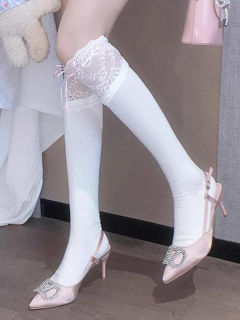 Lolita Lace Frill Mid-Calf Socks with Bow Ribbon - White Ballet Style JK Knee-Highs for Spring & Autumn