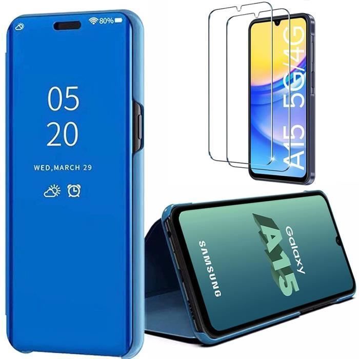 Coque de protection - BOOLING - pour Samsung Galaxy A15 4G-5G - Effet Miroir - Bleu - 2 Verres Trempés