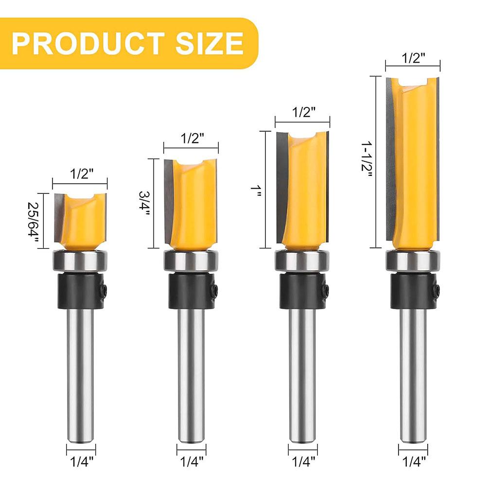 Набор из 4 фрез с верхним подшипником и хвостовиком 1/4'' для заподлицо из карбида вольфрама