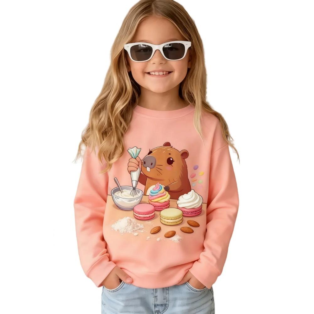 Spring and Autumn Round Neck Cartoon Capybara Pattern 3D Printed Top Fashionable Casual Long Sleeved Children's Girl T-shirts