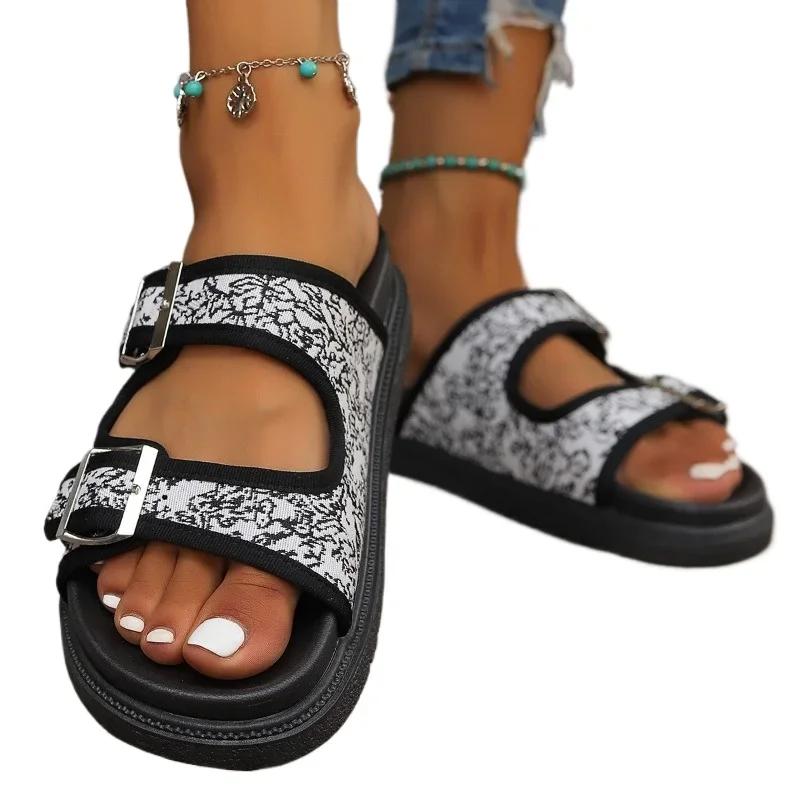 Модная летняя женская обувь 2024 года, высококачественные женские тапочки с открытым носком, на среднем каблуке, с пряжкой, с цветным рисунком, женские тапочки