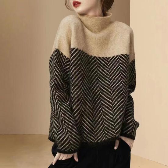 Women Sweater Half High Collar Long Sleeve Color-Blocked Loose Fit Knitting Top Autumn Winter Thick Warm Pullover Tops
