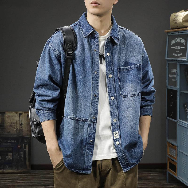 Тяжелая ретро-стираемая мужская джинсовая рубашка свободная модная брендовая грубая красивая повседневная куртка большого размера