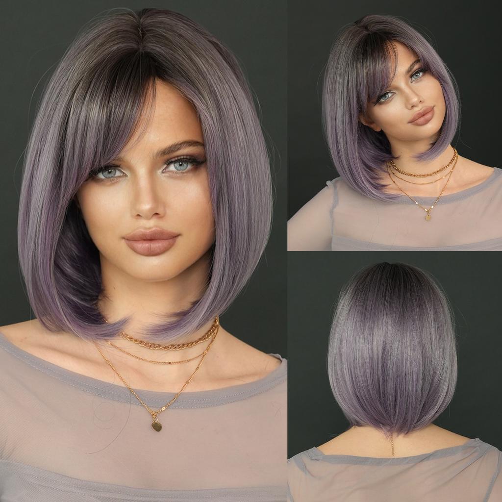 2025 New Gradient Gray Purple Short Straight Wig for Women - Side Bangs Bob Wig Synthetic Machine Made Full Cap, 4 Colors Available