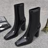 Chunky Women Ankle Boots Square Toe Leather High Heels Fashion Shoes 2025 Trend Designer Winter Chelsea Boots Pumps Botas Mujer